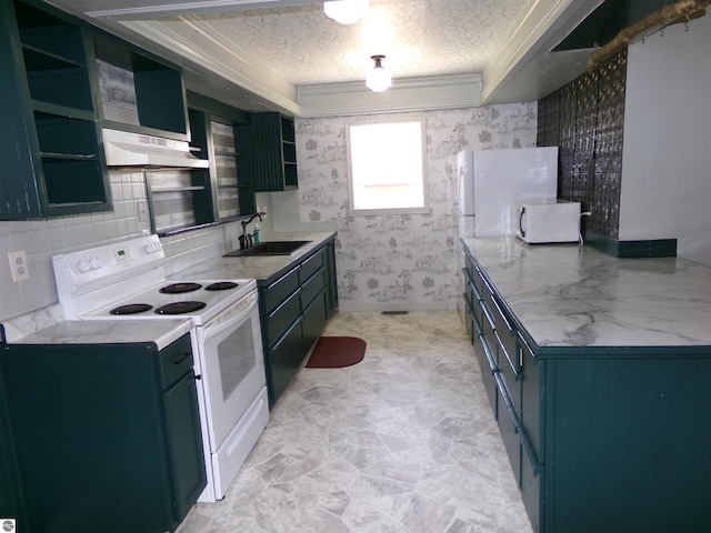kitchen with open shelves, a sink, white appliances, green cabinets, and under cabinet range hood