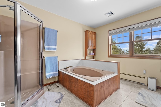 800 Evart St, Cadillac, MI 49601 - bathroom featuring visible vents, tile patterned flooring, baseboard heating, a bath, and a stall shower