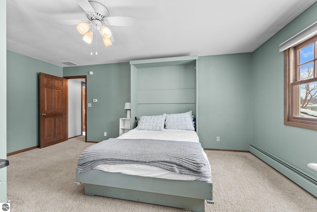 800 Evart St, Cadillac, MI 49601 - bedroom with carpet flooring, ceiling fan, baseboards, a baseboard radiator, and visible vents