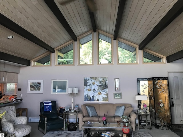 1137 Crystal Dr, Frankfort, MI 49635 - living area featuring wooden ceiling, beam ceiling, and high vaulted ceiling