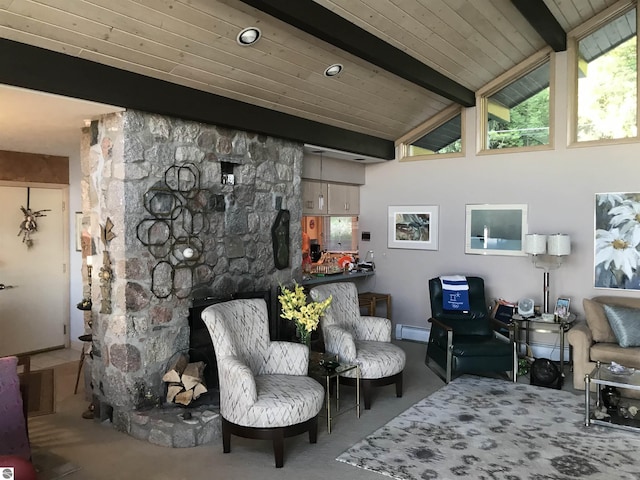 1137 Crystal Dr, Frankfort, MI 49635 - living room with baseboard heating, lofted ceiling with beams, and wooden ceiling