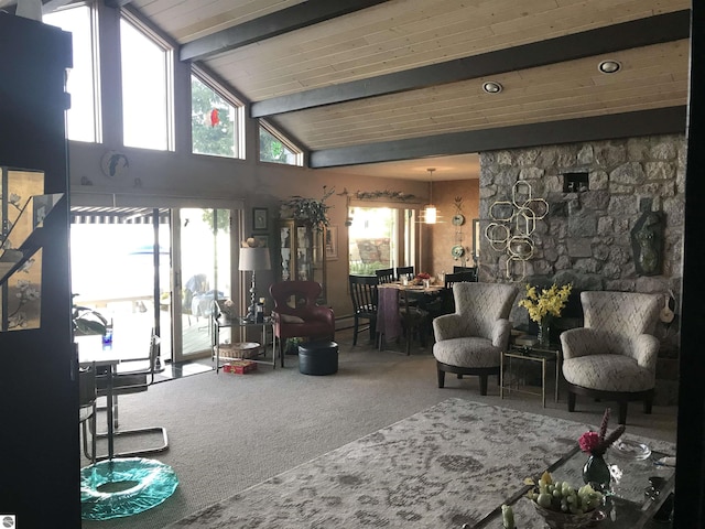 1137 Crystal Dr, Frankfort, MI 49635 - living area featuring carpet floors and lofted ceiling with beams