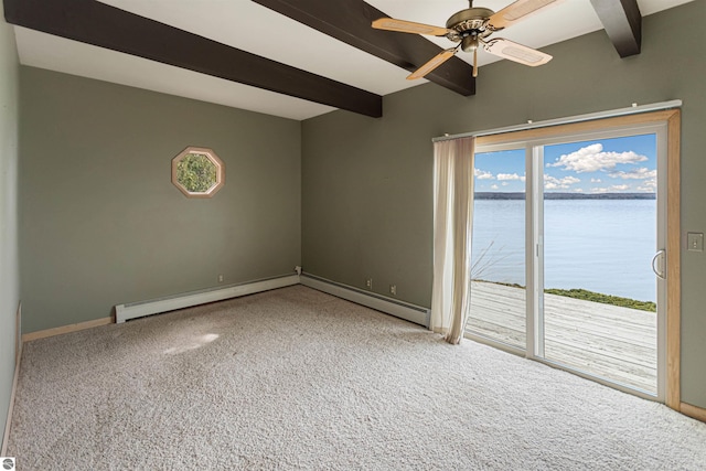 1137 Crystal Dr, Frankfort, MI 49635 - empty room featuring carpet flooring, a water view, baseboards, beamed ceiling, and a ceiling fan