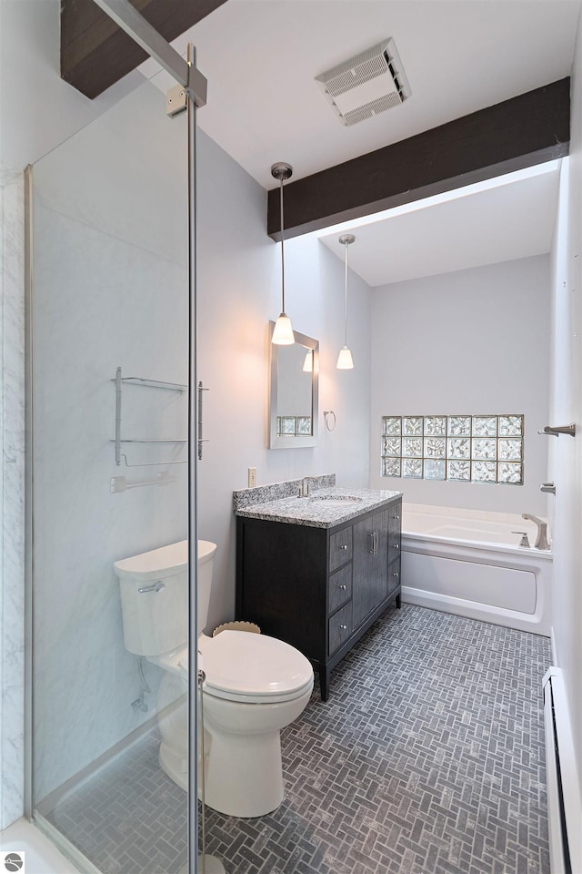 1137 Crystal Dr, Frankfort, MI 49635 - full bathroom featuring a shower stall, visible vents, toilet, and baseboard heating