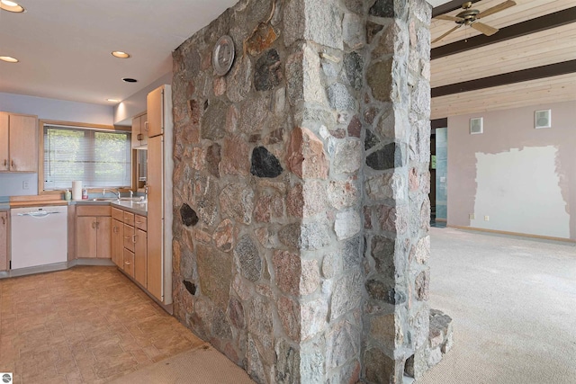 1137 Crystal Dr, Frankfort, MI 49635 - room details featuring beam ceiling, recessed lighting, dishwasher, ceiling fan, and light brown cabinets