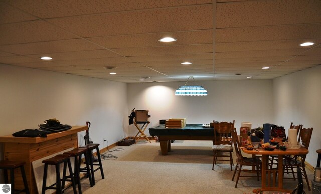 102 James Sq, Roscommon, MI 48653 - recreation room featuring recessed lighting, billiards table, carpet, baseboards, and a drop ceiling