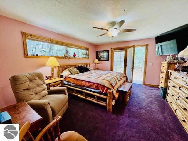 102 James Sq, Roscommon, MI 48653 - carpeted bedroom featuring access to exterior, a ceiling fan, baseboards, and a textured ceiling