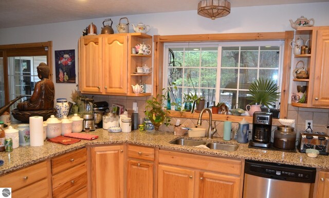 102 James Sq, Roscommon, MI 48653 - kitchen with a sink, stainless steel dishwasher, open shelves, and backsplash
