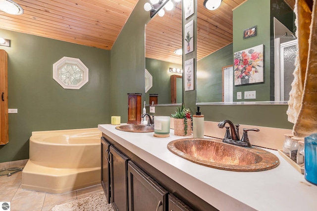 full bathroom with a bath, a sink, tile patterned flooring, and wooden ceiling