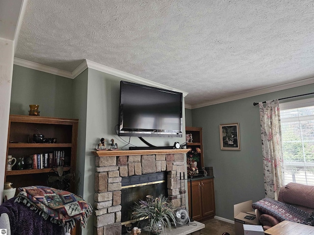 living area featuring a fireplace, carpet flooring, a textured ceiling, and crown molding