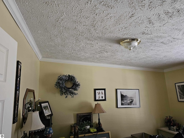 room details with crown molding and a textured ceiling