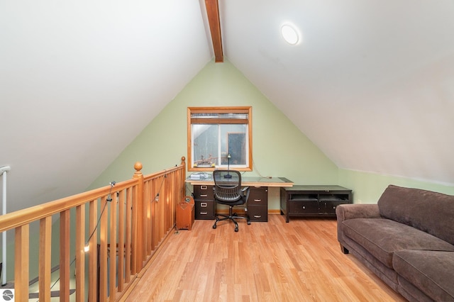 office area featuring vaulted ceiling with beams and wood finished floors