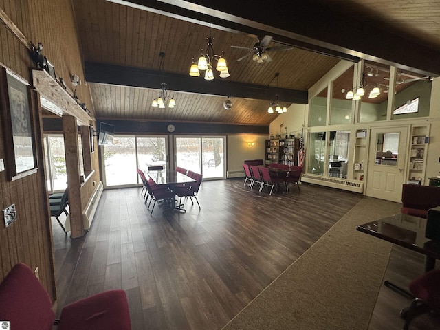dining area featuring a baseboard heating unit, wooden ceiling, a chandelier, beam ceiling, and wood finished floors