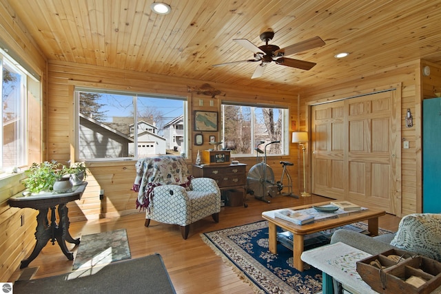 112 N Benzie Blvd, Beulah, MI 49617 - living area with wooden ceiling, a ceiling fan, wooden walls, and wood-type flooring