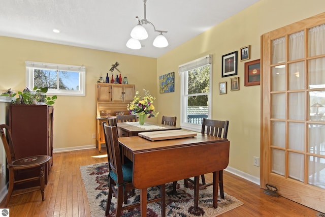 112 N Benzie Blvd, Beulah, MI 49617 - dining area with baseboards, a chandelier, and hardwood / wood-style flooring