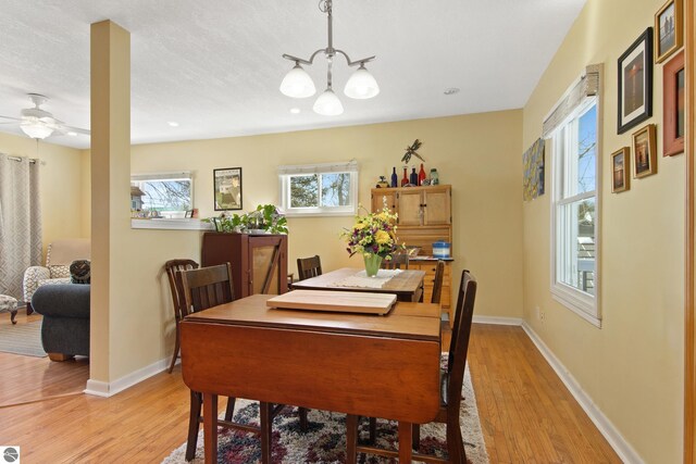 112 N Benzie Blvd, Beulah, MI 49617 - dining area with baseboards, ceiling fan with notable chandelier, and light wood finished floors