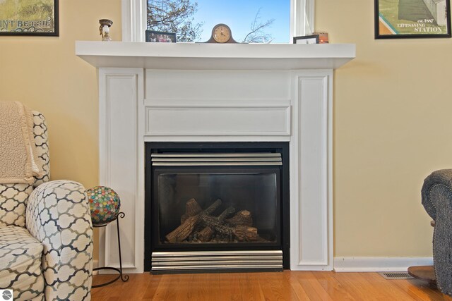 112 N Benzie Blvd, Beulah, MI 49617 - interior details featuring visible vents, a glass covered fireplace, and wood finished floors
