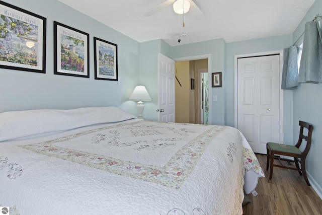 112 N Benzie Blvd, Beulah, MI 49617 - bedroom with baseboards, a closet, wood finished floors, and a ceiling fan