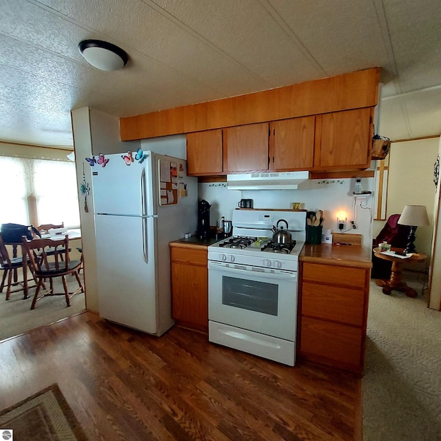 4548 Goldenrod Dr, Traverse City, MI 49686 - kitchen with white appliances, under cabinet range hood, brown cabinetry, and dark wood finished floors