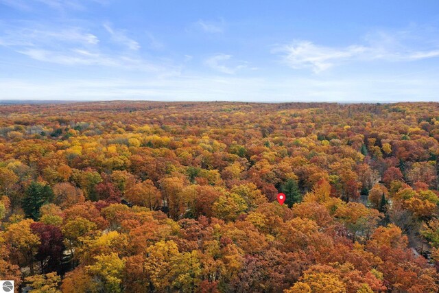 drone / aerial view featuring a forest view