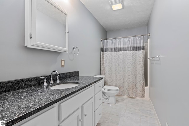 bathroom with shower / tub combo, baseboards, toilet, a textured ceiling, and vanity