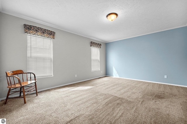 interior space with baseboards, a textured ceiling, carpet flooring, and a healthy amount of sunlight