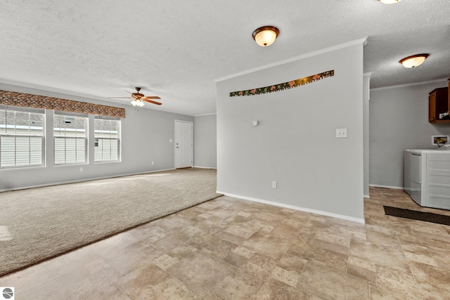 unfurnished living room featuring ornamental molding, light colored carpet, baseboards, and a ceiling fan