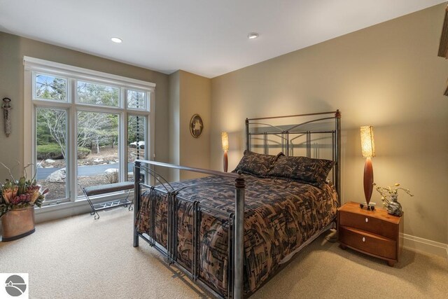 6579 Woods Creek Dr, Charlevoix, MI 49720 - bedroom with light colored carpet, baseboards, and recessed lighting