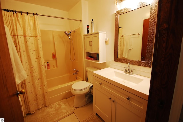 bathroom with vanity, shower / bath combo, tile patterned floors, toilet, and decorative backsplash