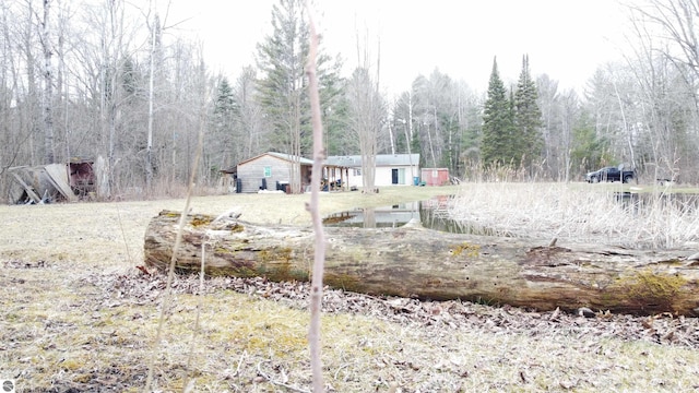 view of yard featuring a forest view