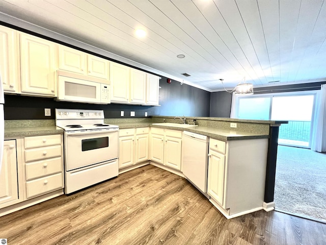 624 S Lake St, Cadillac, MI 49601 - kitchen with white appliances, a peninsula, light wood finished floors, wood ceiling, and a sink