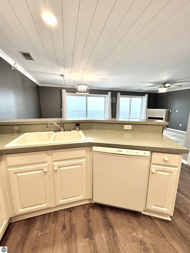 624 S Lake St, Cadillac, MI 49601 - kitchen with ceiling fan, dark wood-type flooring, visible vents, a sink, and white dishwasher