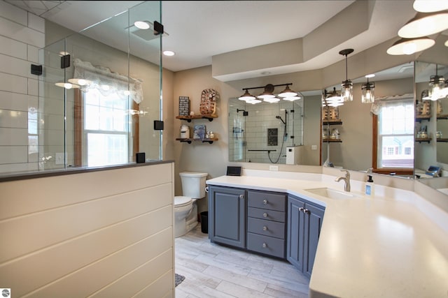 full bath featuring toilet, a stall shower, vanity, and wood finish floors