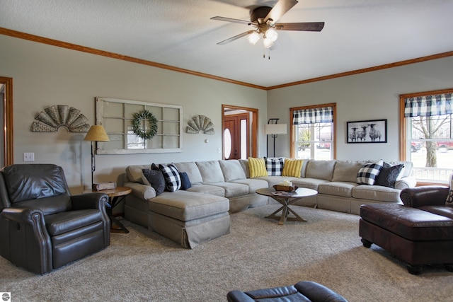 carpeted living room featuring crown molding and a ceiling fan