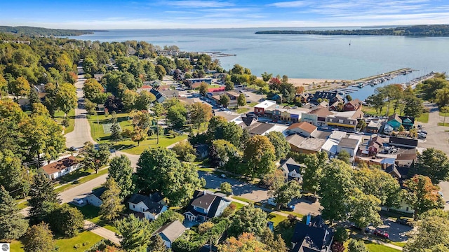 215 N Saint Marys St, Suttons Bay, MI 49682 - birds eye view of property featuring a water view and a residential view