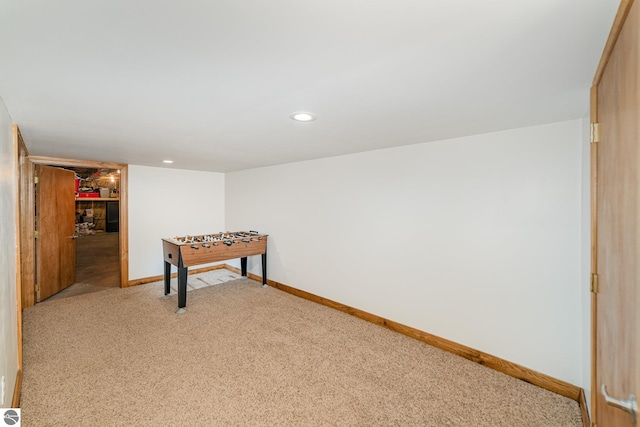 recreation room with carpet flooring, baseboards, and recessed lighting