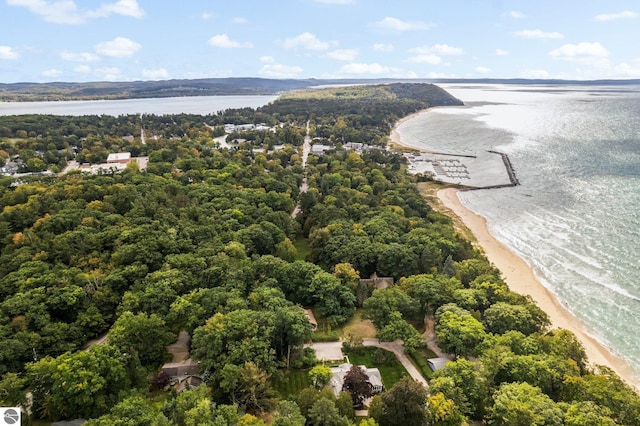 bird's eye view with a view of the beach and a water view