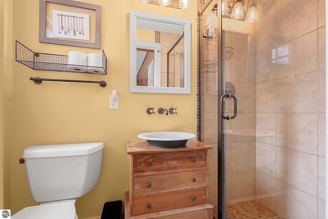 bathroom with a shower stall, toilet, and vanity