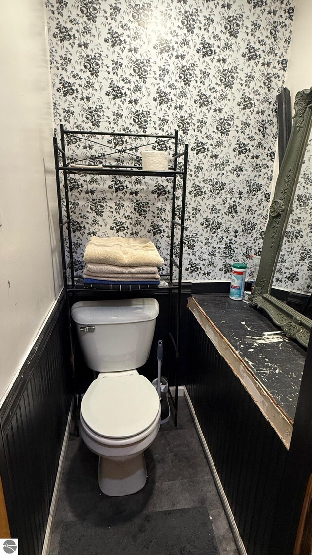 303 W Washington Ave, Saint Louis, MI 48880 - bathroom with wainscoting, wallpapered walls, and toilet