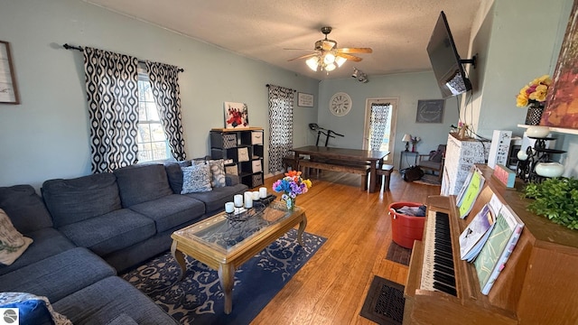 303 W Washington Ave, Saint Louis, MI 48880 - living room with a textured ceiling, light wood finished floors, and a ceiling fan