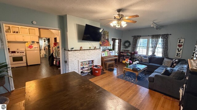 303 W Washington Ave, Saint Louis, MI 48880 - living room with a textured ceiling, a ceiling fan, a brick fireplace, and dark wood-style floors