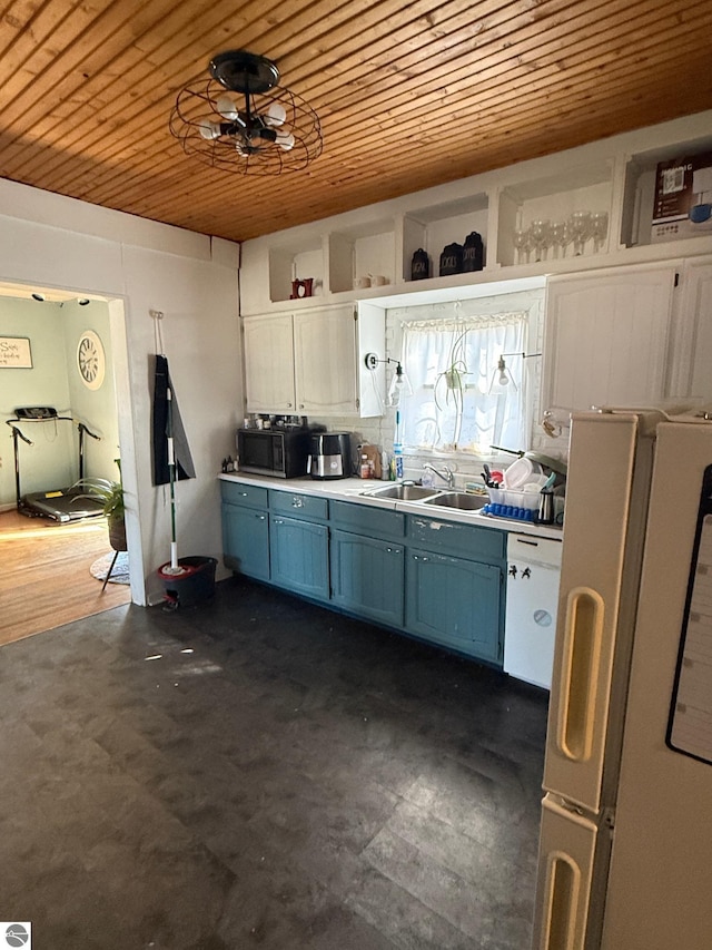 303 W Washington Ave, Saint Louis, MI 48880 - kitchen with open shelves, a sink, white appliances, wood ceiling, and blue cabinetry