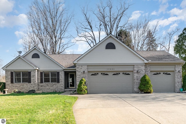 view of front of house with a garage, a front lawn, brick siding, a shingled roof, and driveway