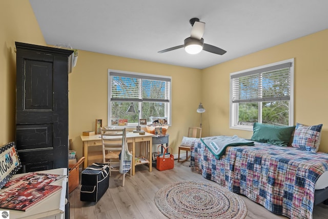 bedroom with ceiling fan, multiple windows, wood finished floors, and baseboards