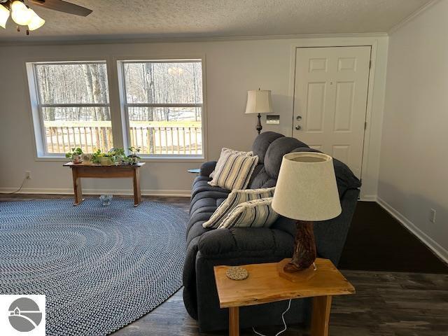 living room with a textured ceiling, a ceiling fan, and baseboards