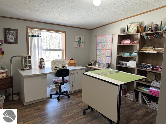 office with dark wood-type flooring, a textured ceiling, and ornamental molding