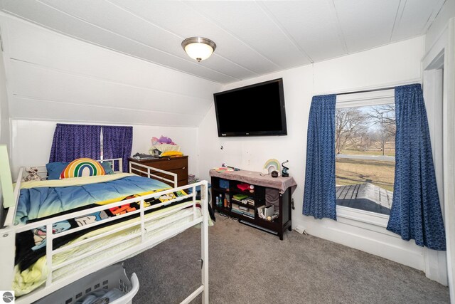 bedroom with lofted ceiling and carpet floors
