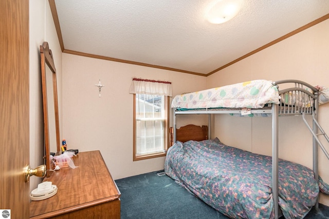 bedroom featuring crown molding, vaulted ceiling, carpet, and a textured ceiling