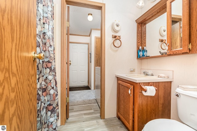 bathroom with toilet, vanity, and wood finished floors