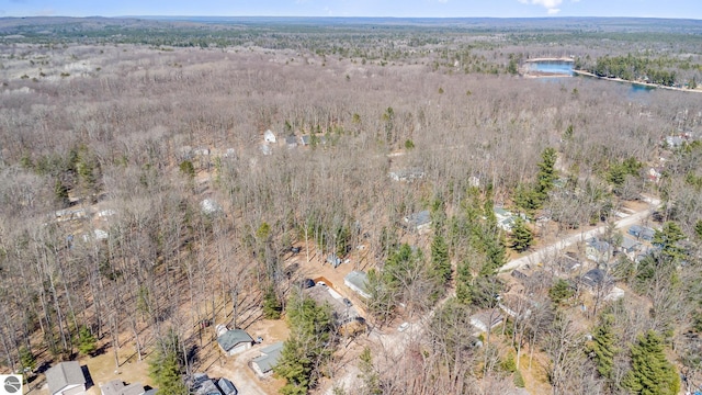 bird's eye view with a water view and a view of trees